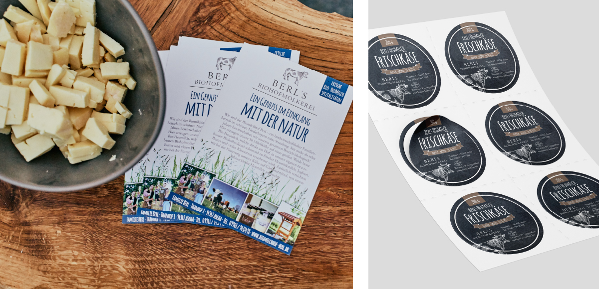 Flyer und Klebeetiketten für Biomilchhof Berl
