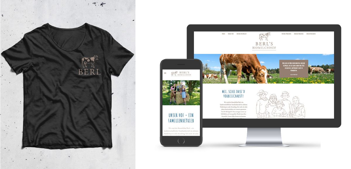 Mit Berl-Logo bedrucktes T-Shirt und 2 Ansichten der Website von Biomilchhof Berl